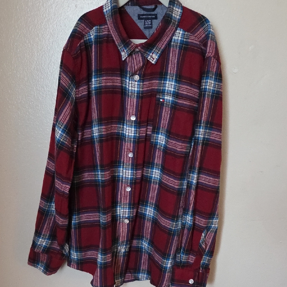 Tommy Hilfiger Men's Red and Blue Plaid Shirt